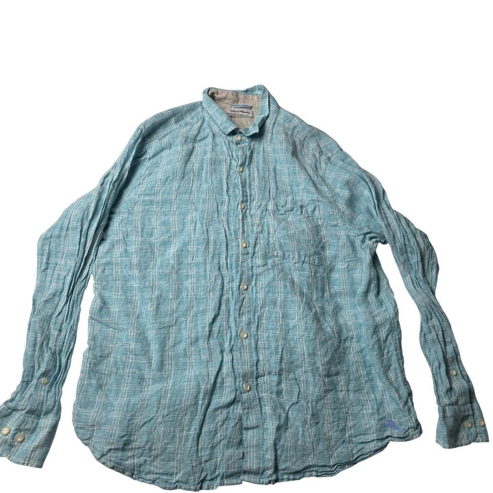 Tommy Bahama Shirt Mens XL Blue Plaid 100 Linen Button Up Casual Marlin Logo